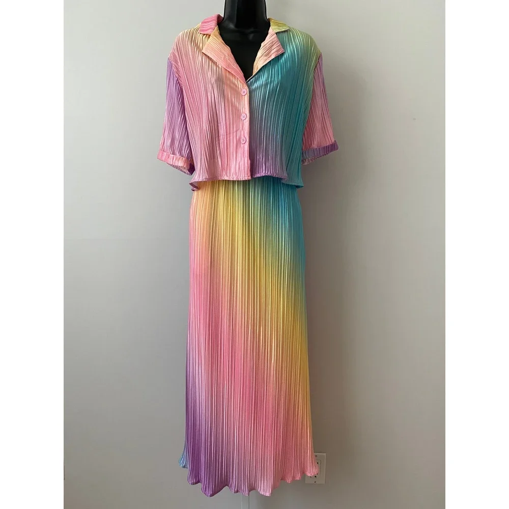 Dressed in lala. Rainbow Pleated Quirky Boho Festival Skirt Set S MultiColor